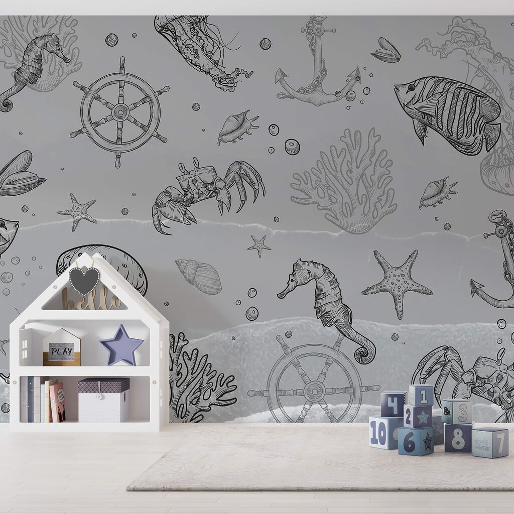 Grauer Hintergrund mit Meerestieren Grauer Hintergrund mit Meerestieren