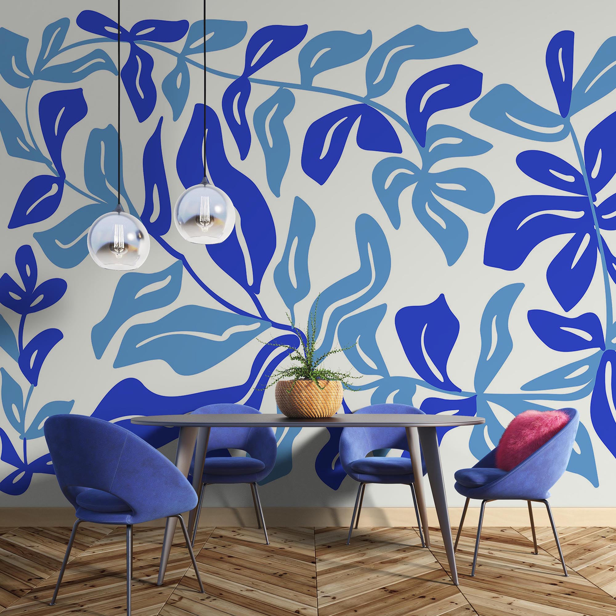 Blaue und weiße Zeichnung von Blättern