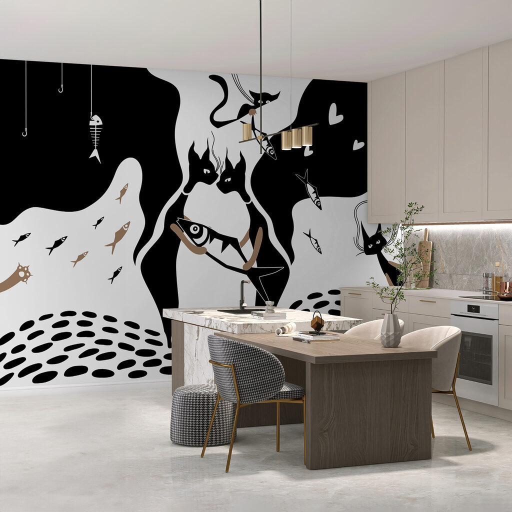 Schwarz-weiße Katze mit Fisch und Fisch