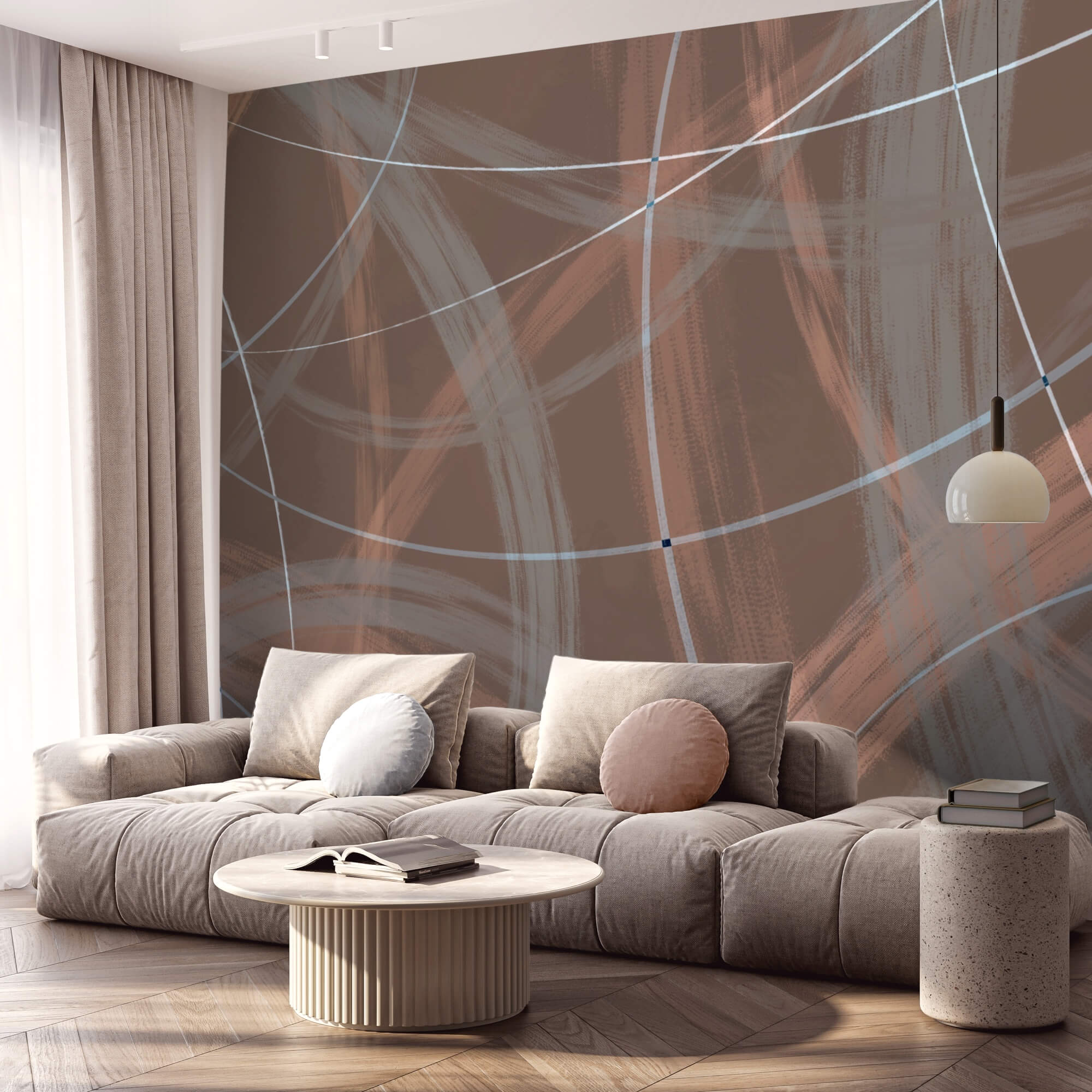 Brauner und weißer Hintergrund mit Linien und Kreisen