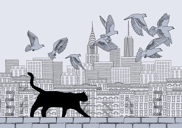 Katze, die auf einer Mauer läuft, während am Himmel Vögel fliegen Katze, die auf einer Mauer läuft, während am Himmel Vögel fliegen