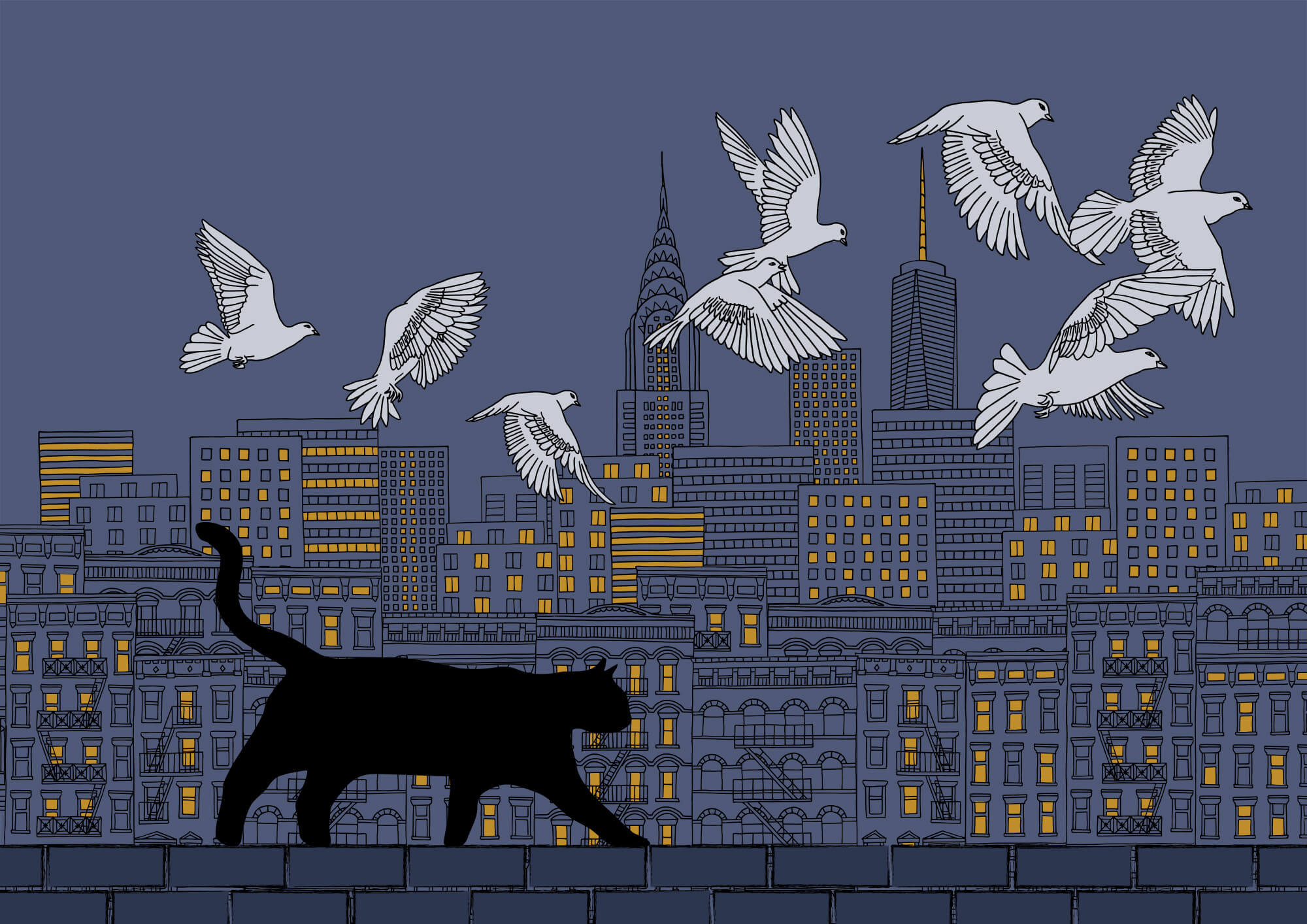 Cat walking on a wall with birds flying in the sky