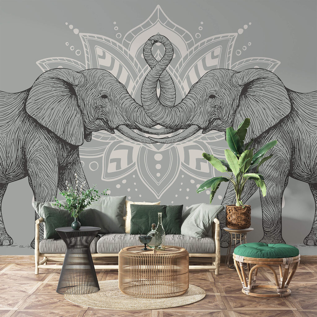 Zwei Elefanten, die sich mit ihren Rüsseln berühren