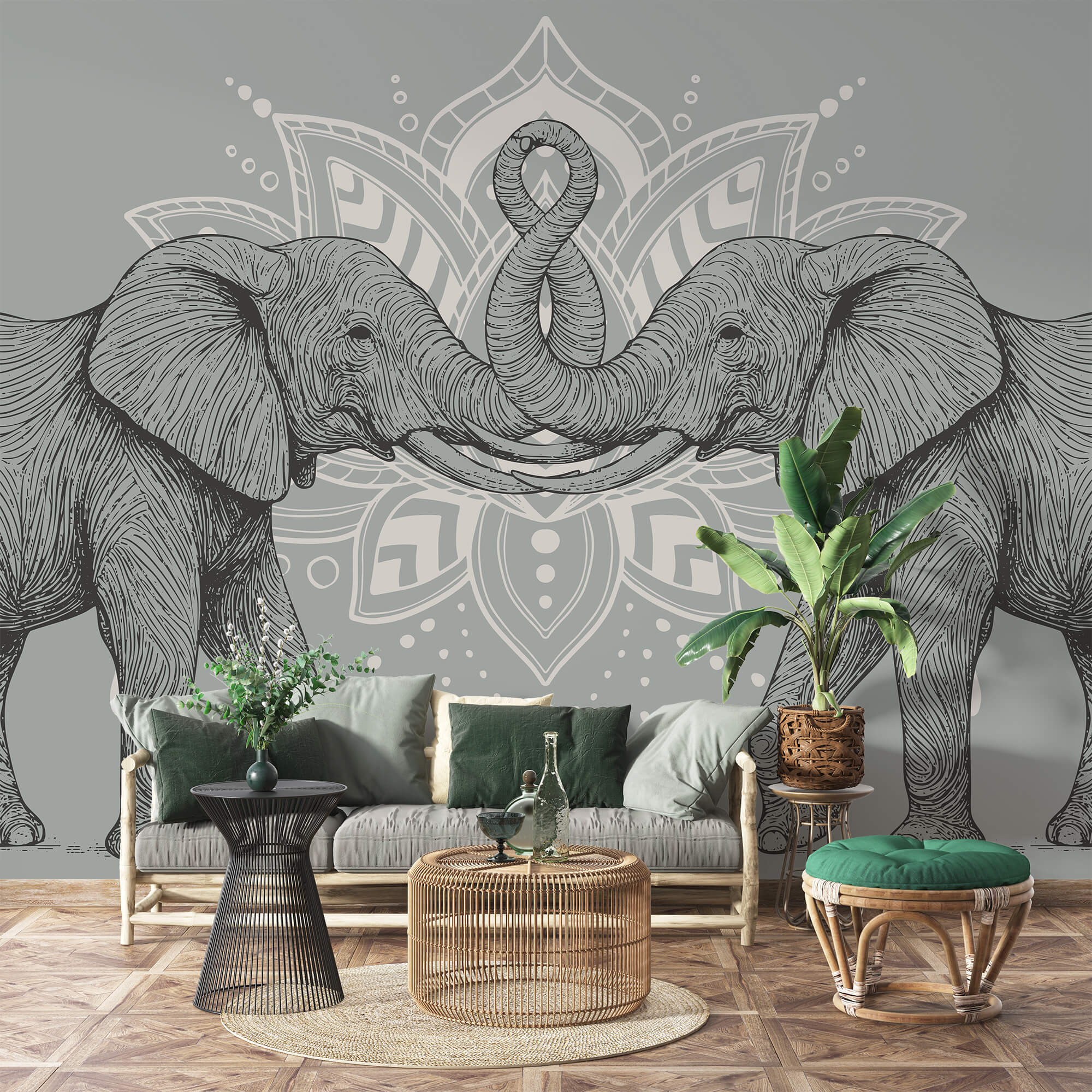 Zwei Elefanten, die sich mit ihren Rüsseln berühren