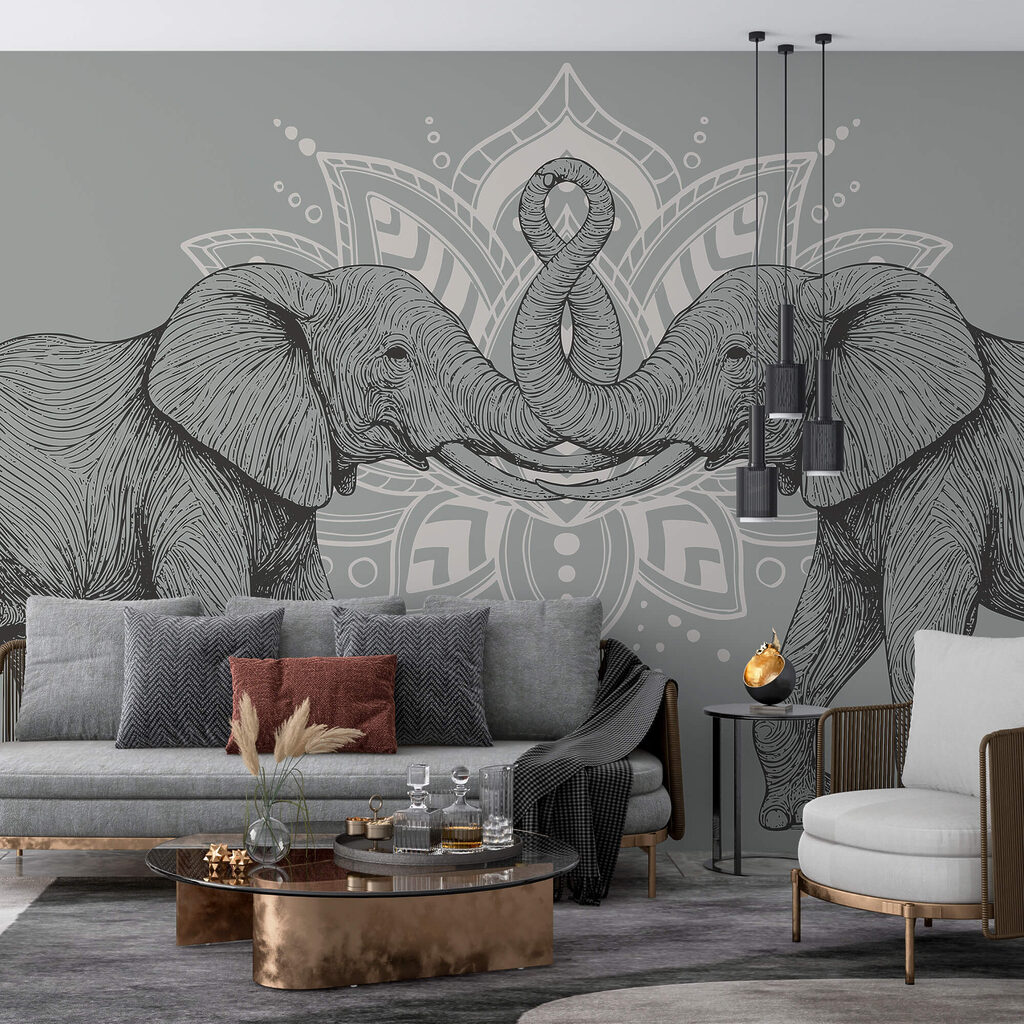 Zwei Elefanten, die sich mit ihren Rüsseln berühren