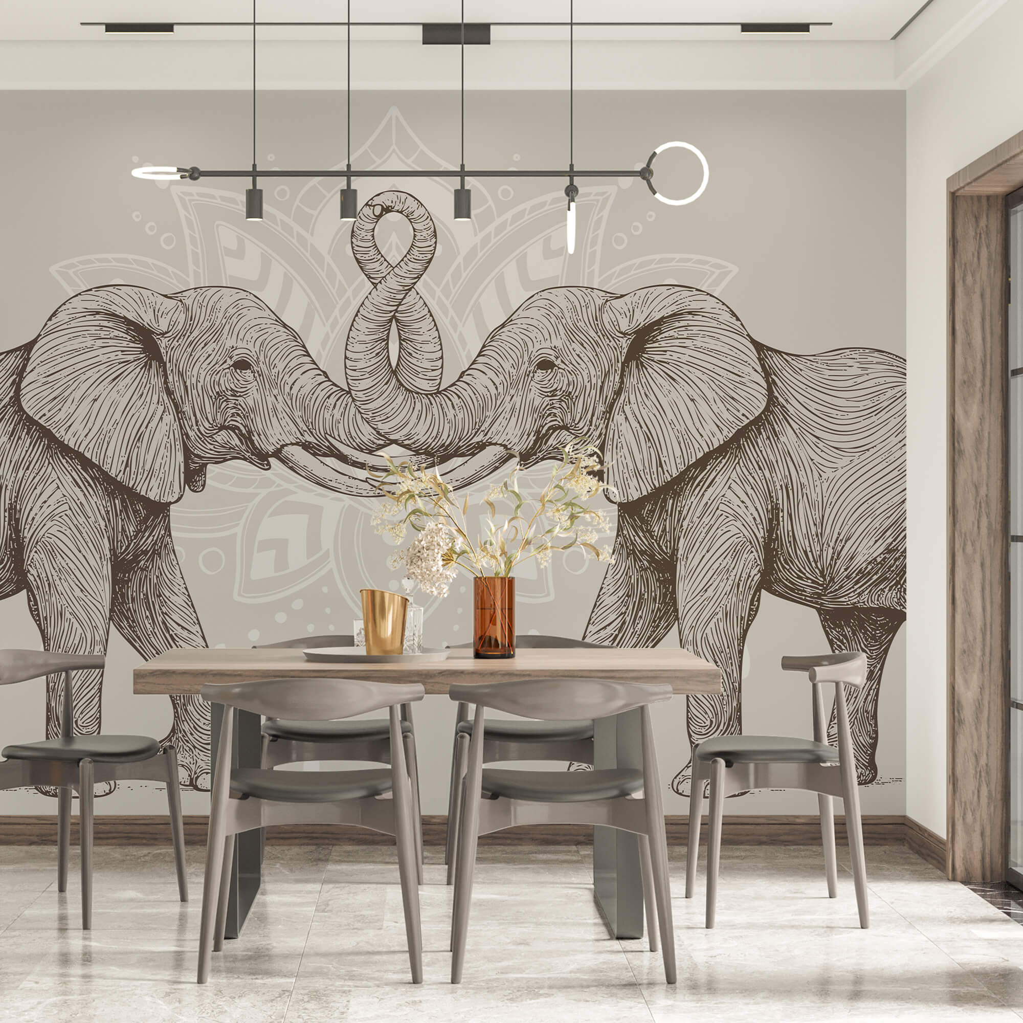 Zwei Elefanten mit aufgerollten Rüsseln