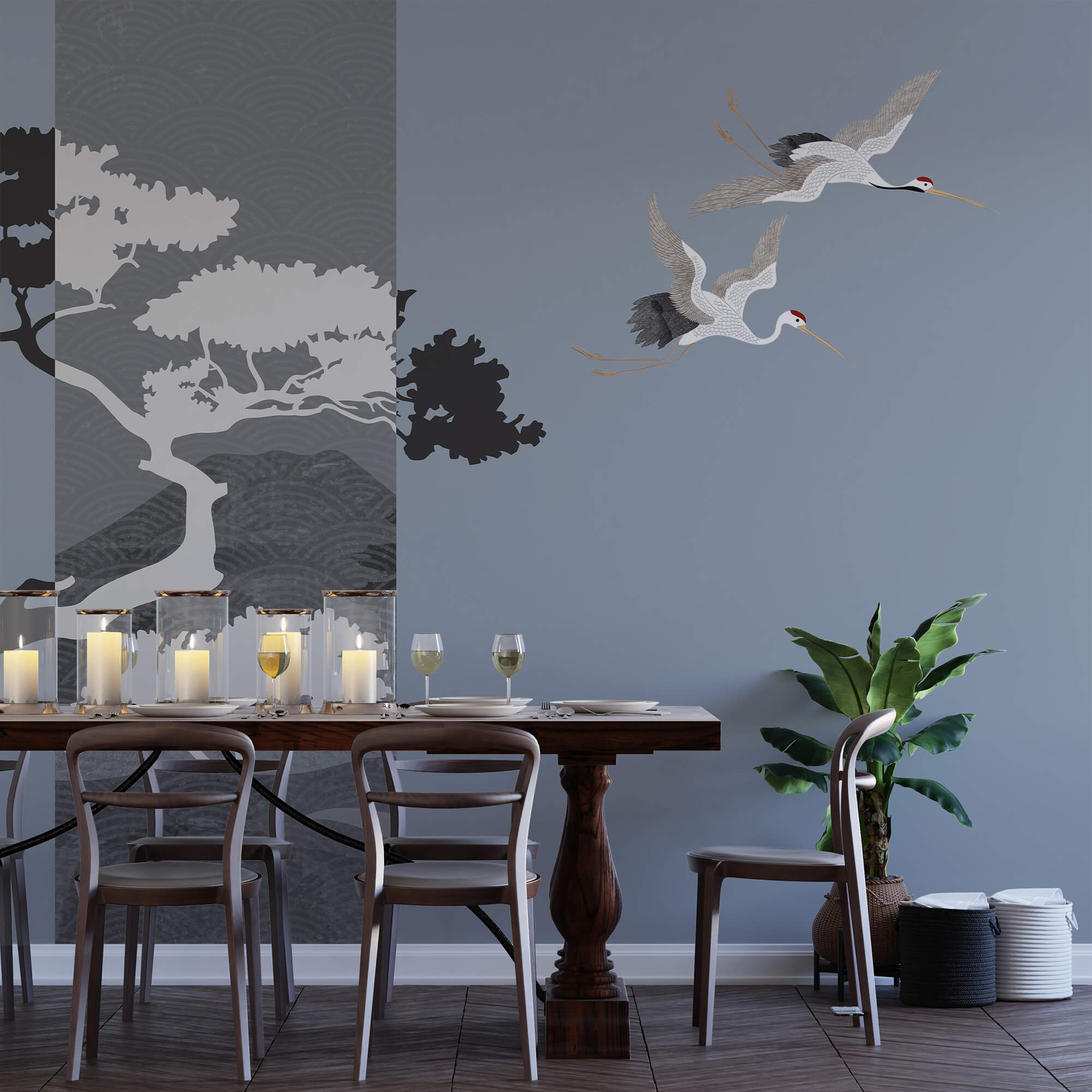 Ein paar Kraniche fliegen neben einem Baum Ein paar Kraniche fliegen neben einem Baum