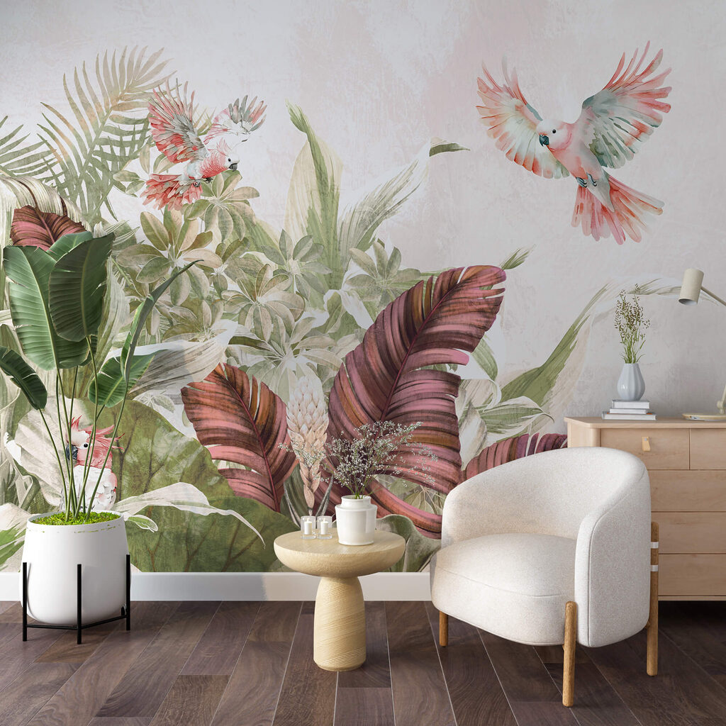 Gemälde von Vögeln, die über eine Pflanze fliegen