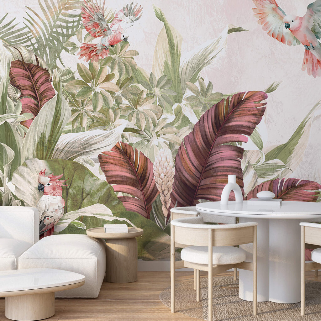 Gemälde von Vögeln, die über eine Pflanze fliegen