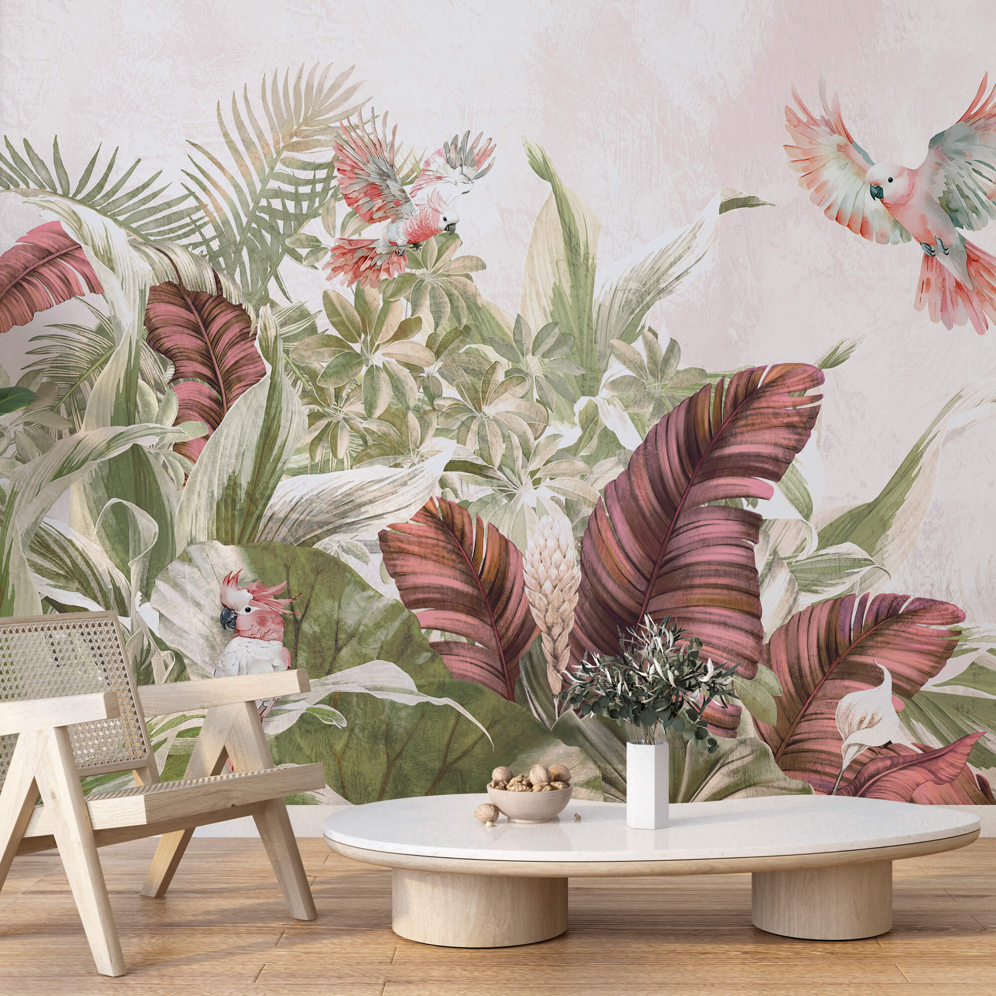 Gemälde von Vögeln, die über eine Pflanze fliegen