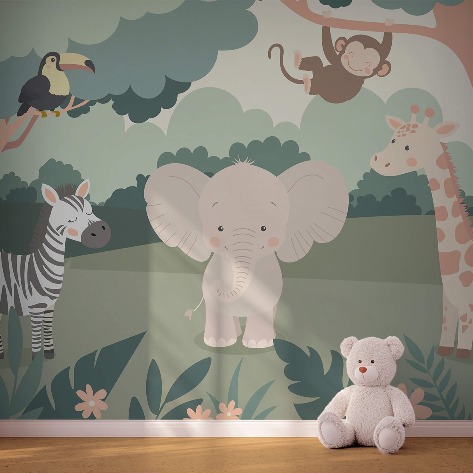 Cartoon von Tieren in einem Wald