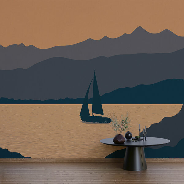 Segelboot auf dem Wasser mit Bergen im Hintergrund Segelboot auf dem Wasser mit Bergen im Hintergrund