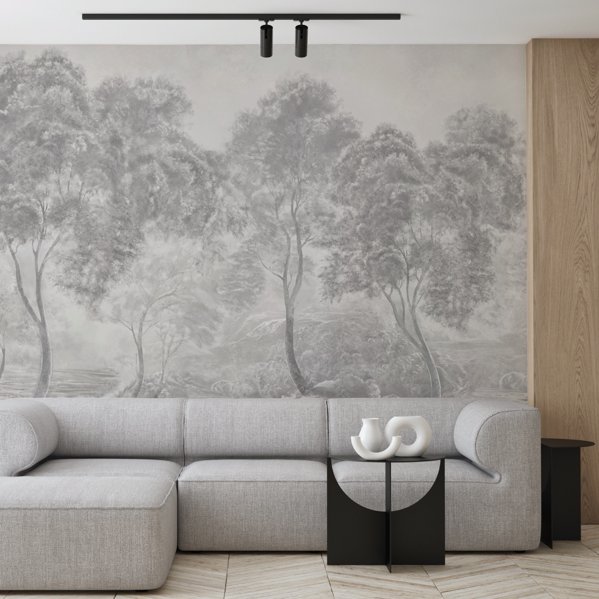 Baumgruppe in einer nebligen Landschaft