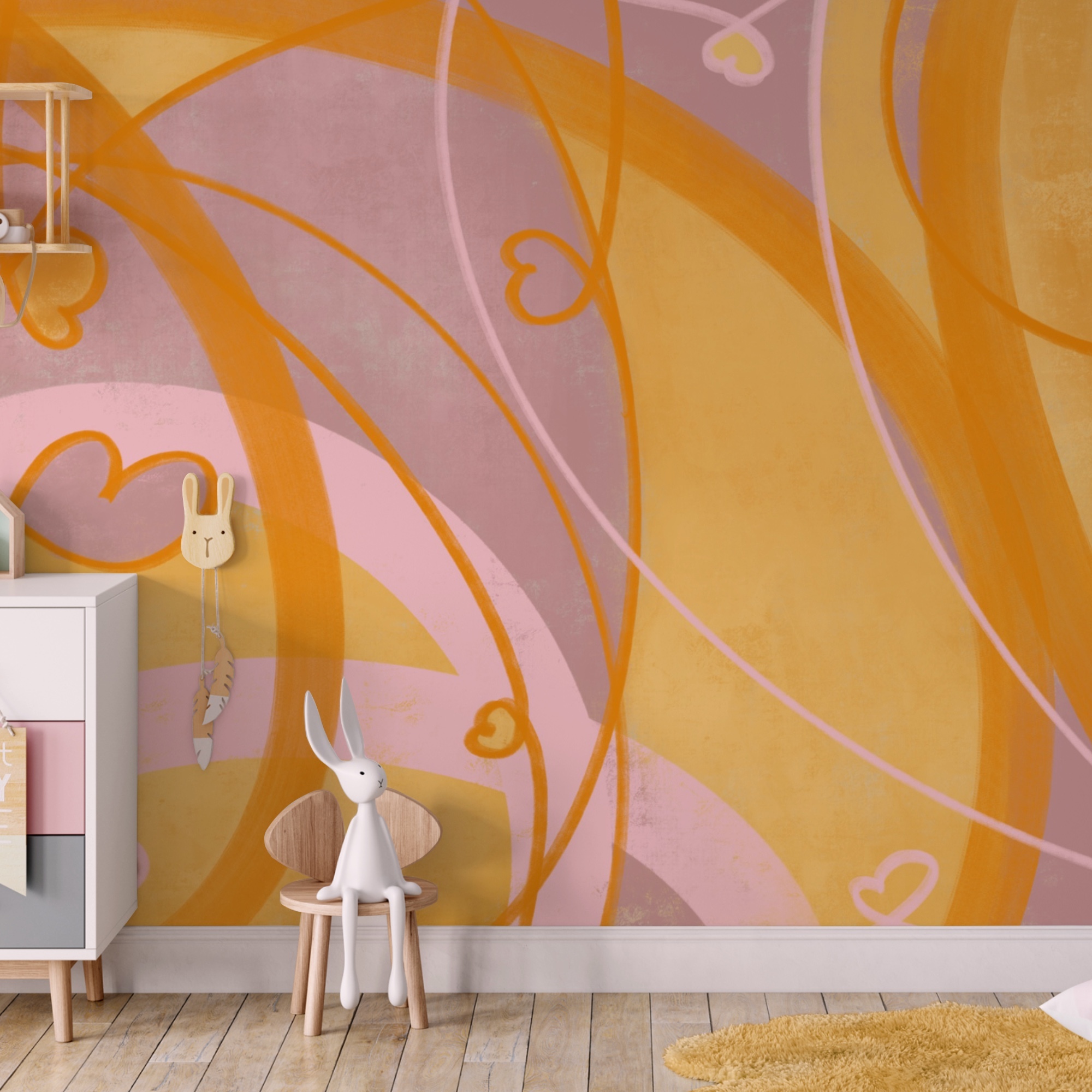 Gelbe und rosa Wirbel und Herzen