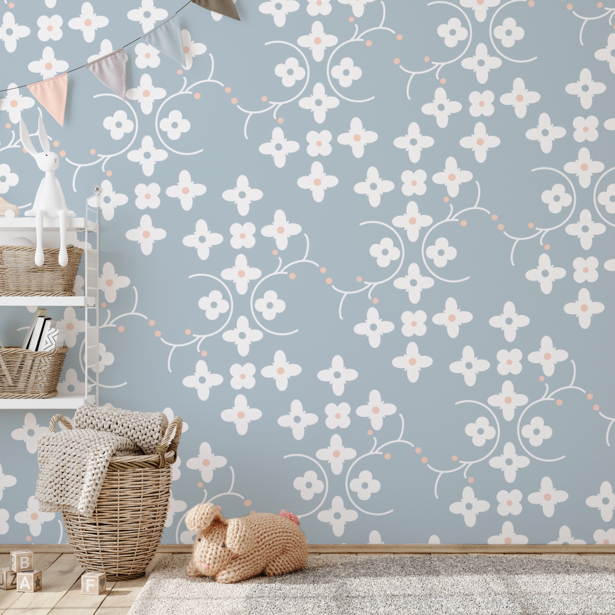 Muster aus weißen Blumen und rosa Punkten auf blauem Hintergrund