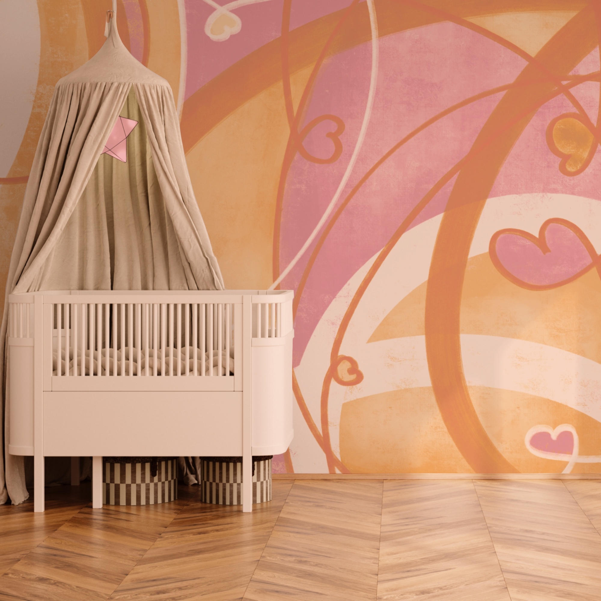 Rosa und orangefarbene Wirbel und Herzen