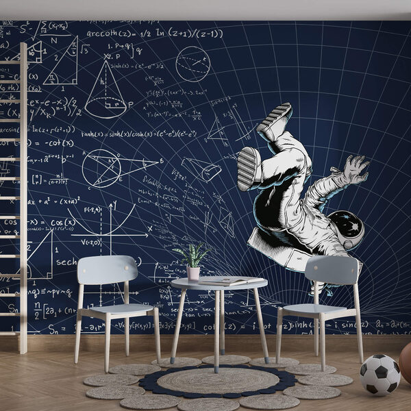 Mann im Raumanzug fällt auf eine Tafel mit mathematischen Gleichungen Mann im Raumanzug fällt auf eine Tafel mit mathematischen Gleichungen