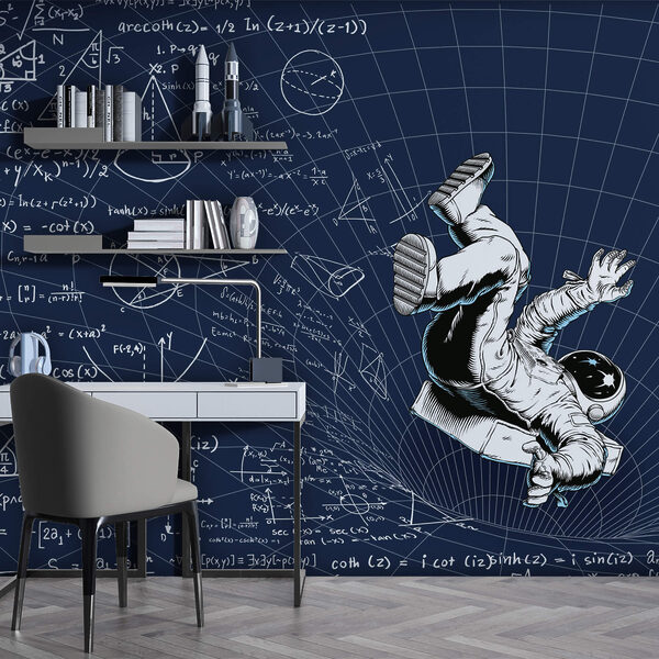 Mann im Raumanzug fällt auf eine Tafel mit mathematischen Gleichungen Mann im Raumanzug fällt auf eine Tafel mit mathematischen Gleichungen