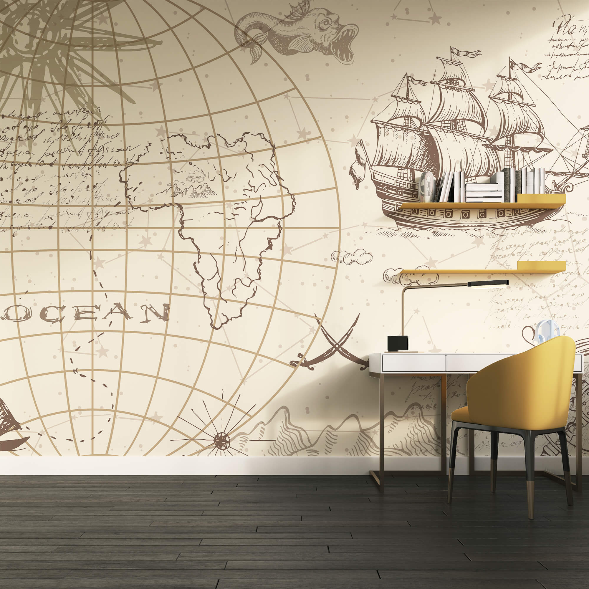 Weltkarte und ein Schiff