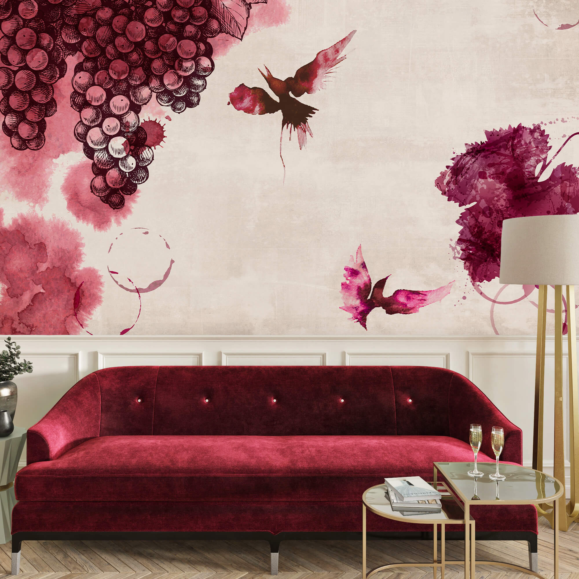 Gemälde von Vögeln und Trauben