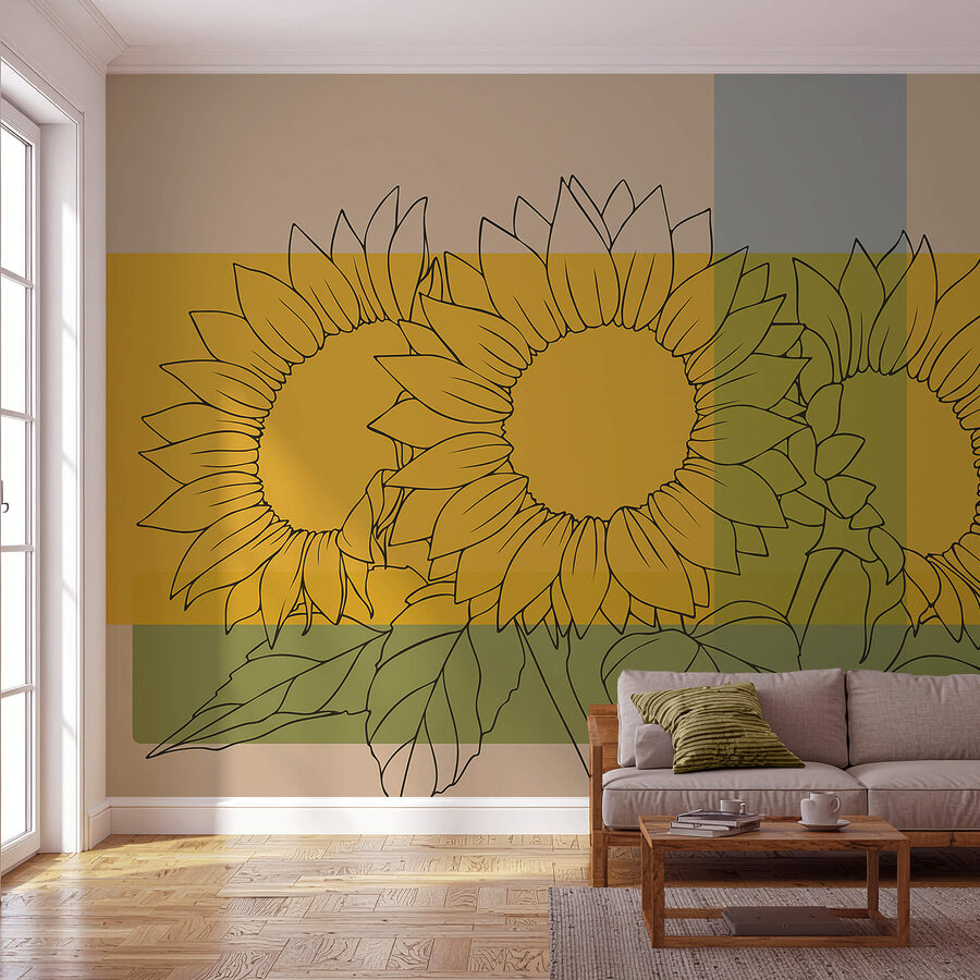 Fototapeten Gruppe von Sonnenblumen mit Blättern
