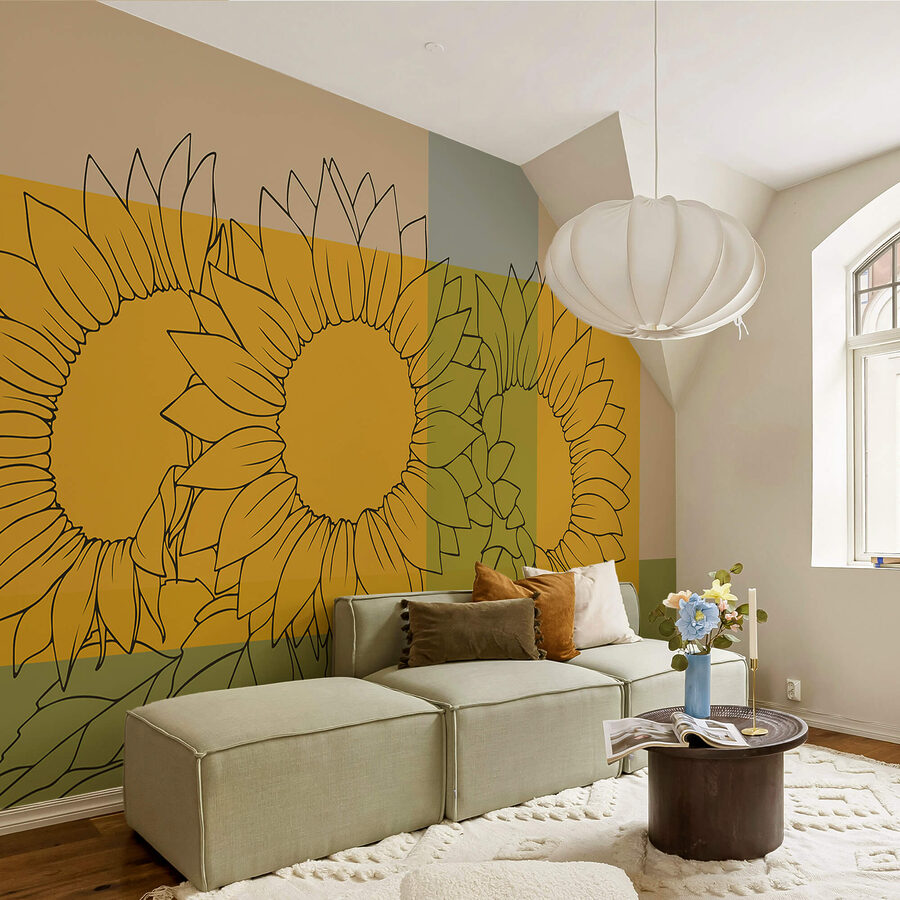 Fototapeten Gruppe von Sonnenblumen mit Blättern