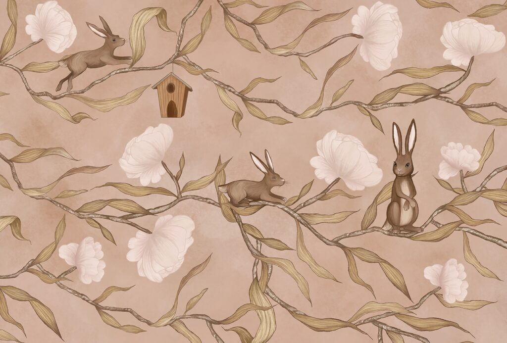 Tapete mit Kaninchen und Blumen Tapete mit Kaninchen und Blumen