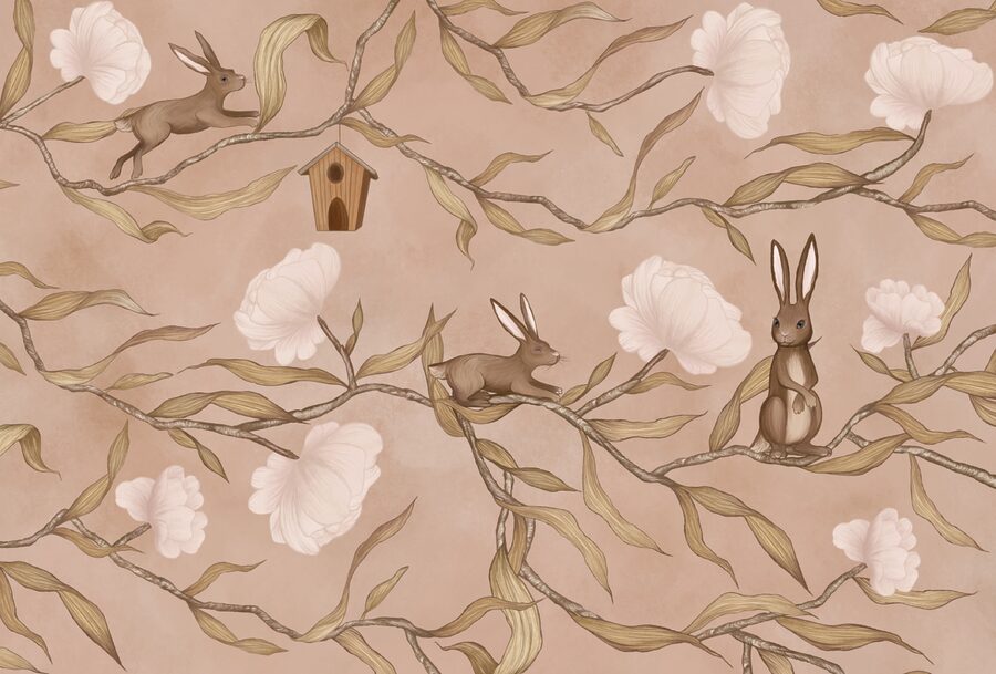 Tapete mit Kaninchen und Blumen