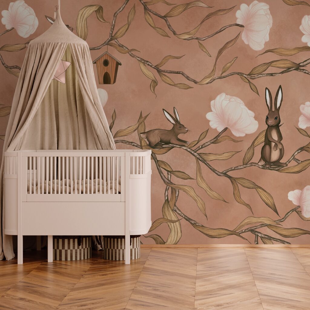 Tapete mit Kaninchen und Blumen