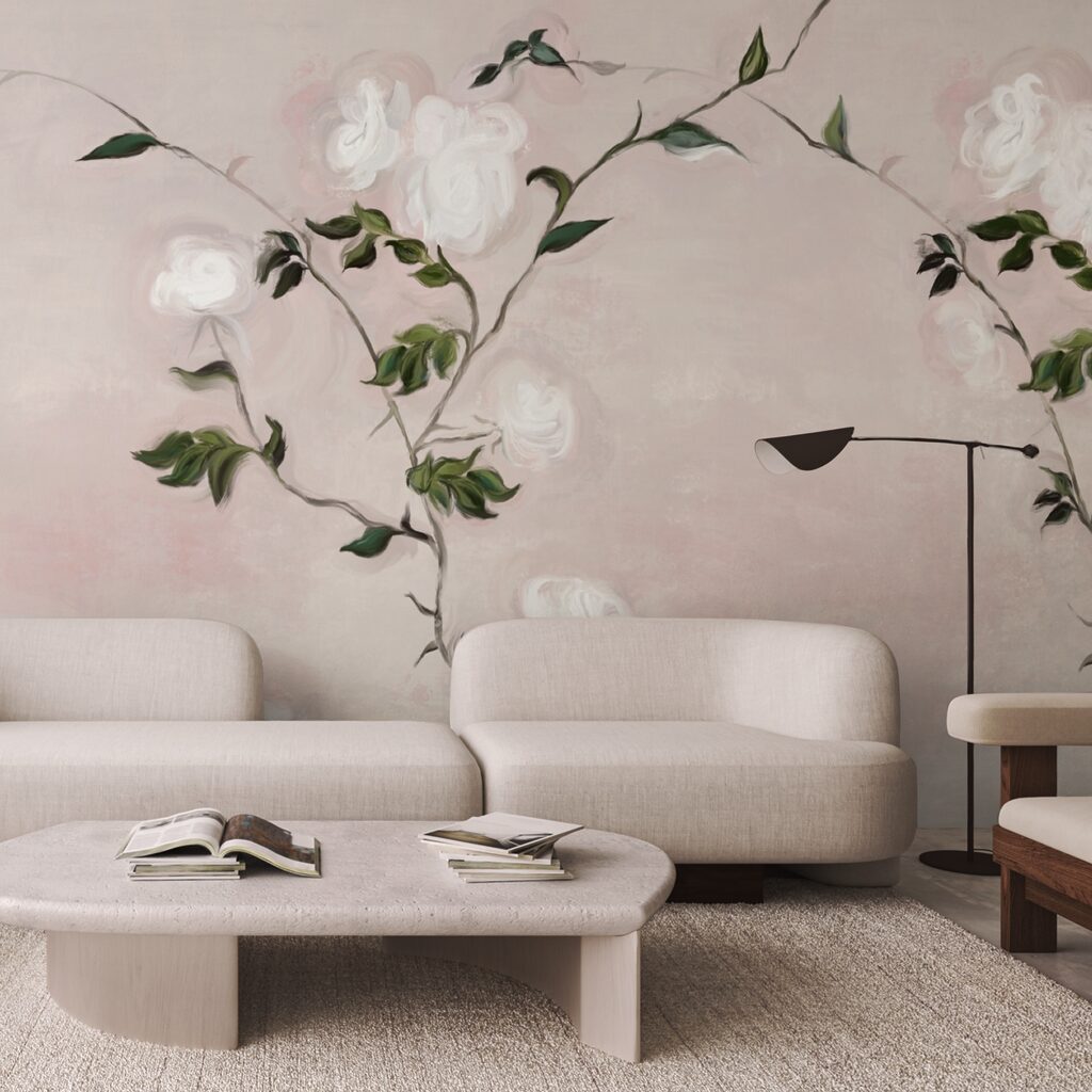 Gemälde eines Zweigs mit weißen Blüten und grünen Blättern