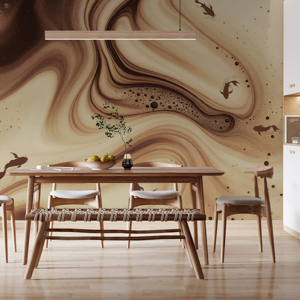 Braun-weiße, gewellte Wellen mit Fischsilhouetten