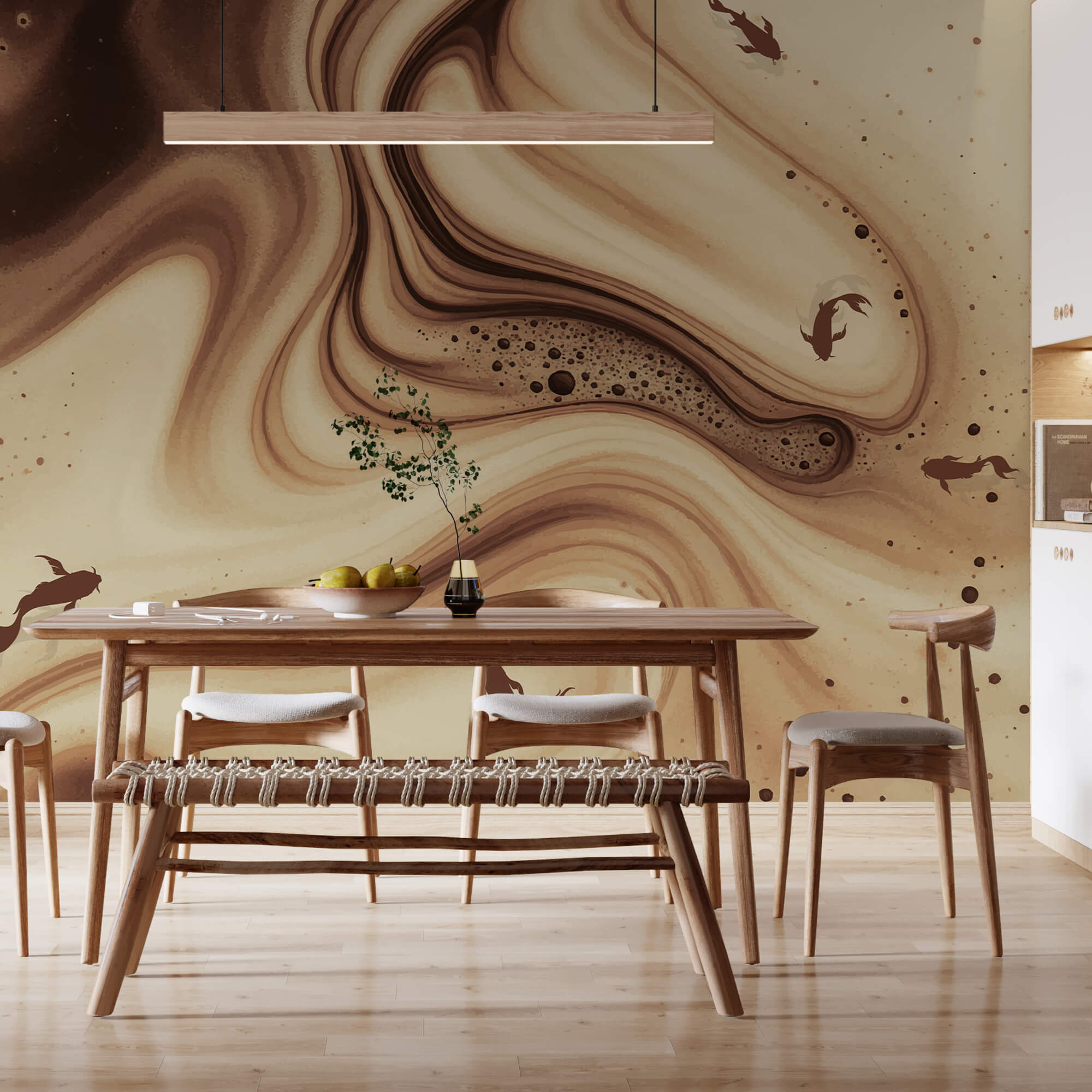 Braun-weiße, gewellte Wellen mit Fischsilhouetten