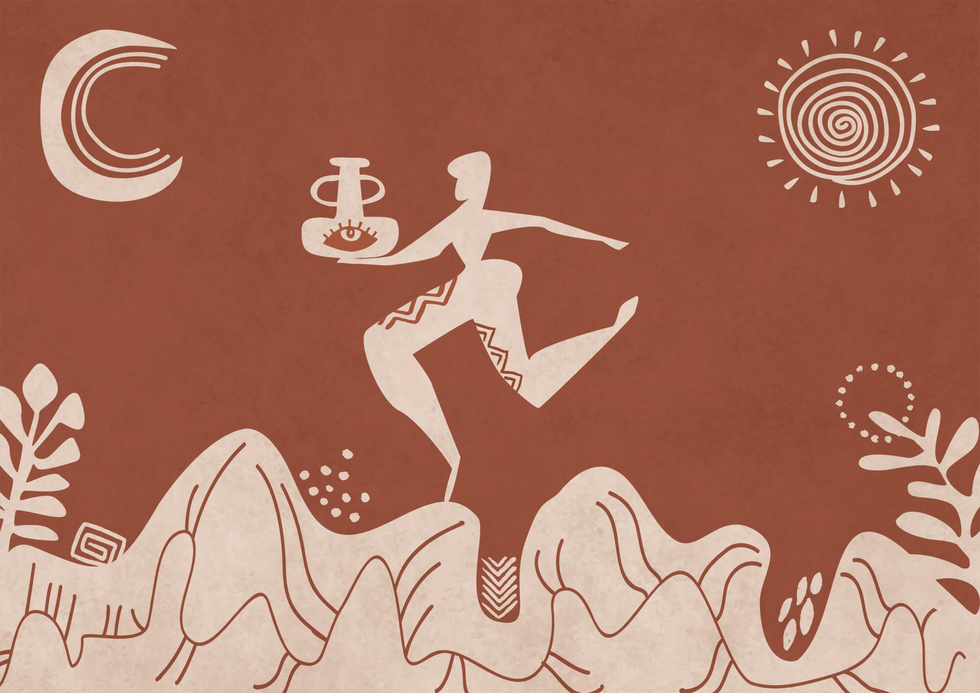 Drawing of a man holding a pot and a pot on a mountain Drawing of a man holding a pot and a pot on a mountain