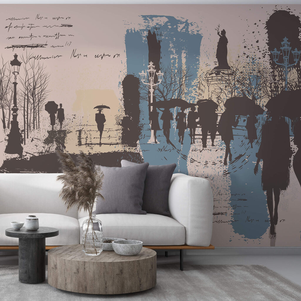 Gruppe von Menschen, die mit Regenschirmen spazieren gehen