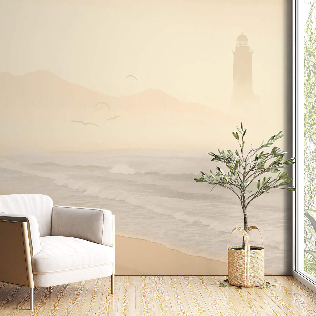 Strand mit Wellen und Vögeln