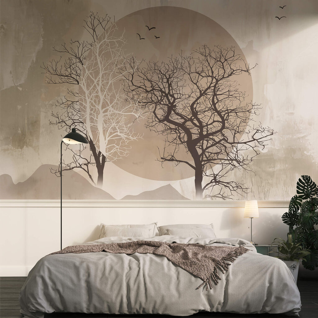 Gemälde von Bäumen und einer Sonne