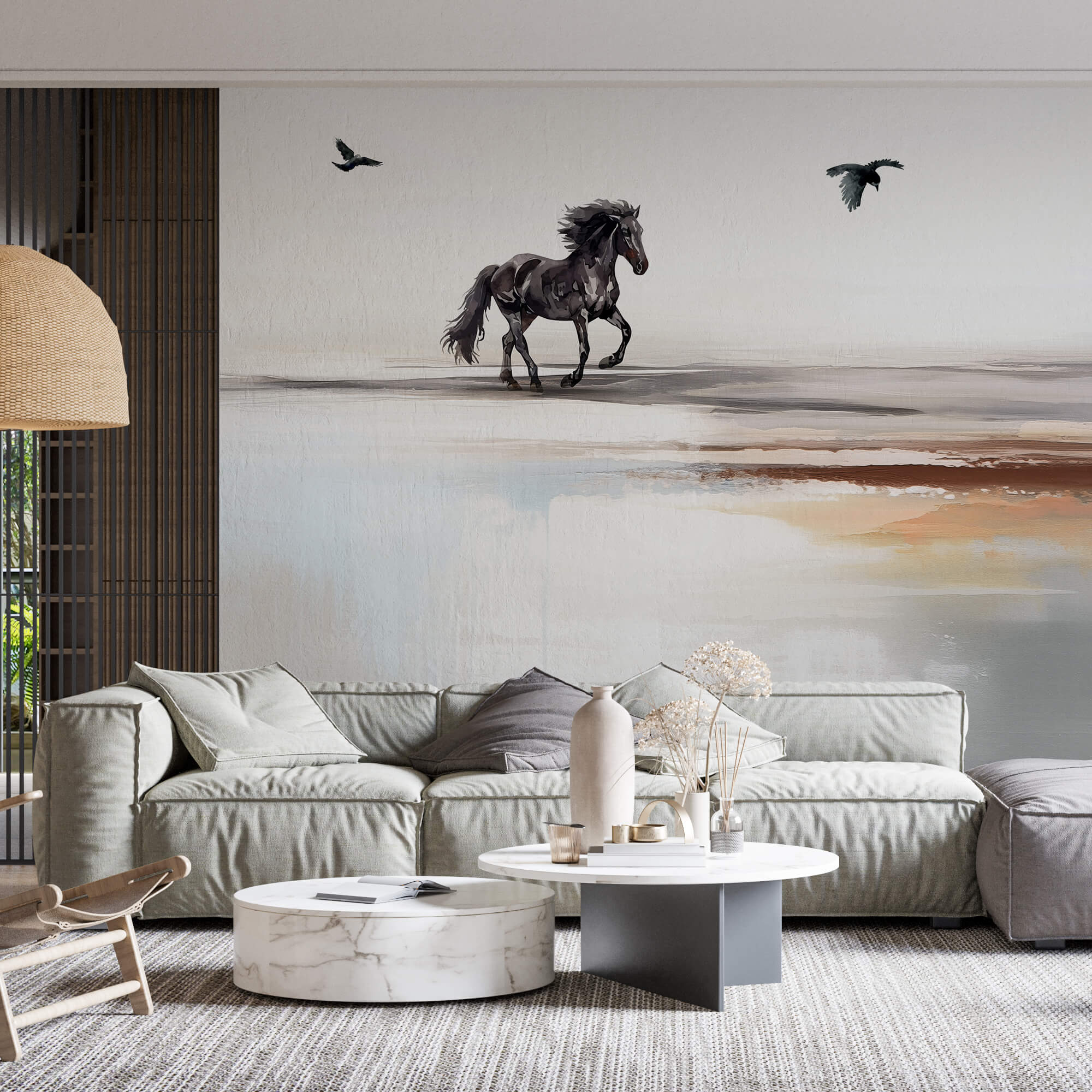Gemälde eines Pferdes, das auf einem Strand mit fliegenden Vögeln läuft
