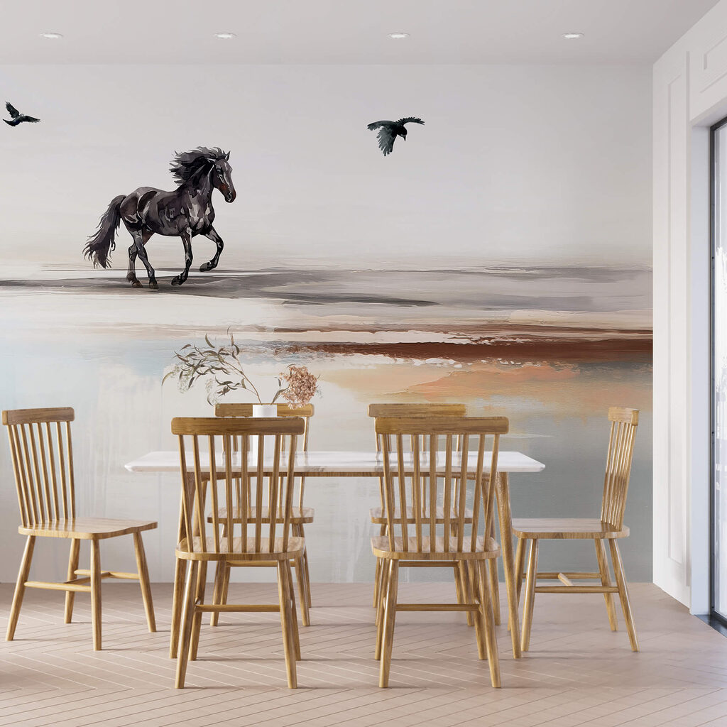 Gemälde eines Pferdes, das auf einem Strand mit fliegenden Vögeln läuft