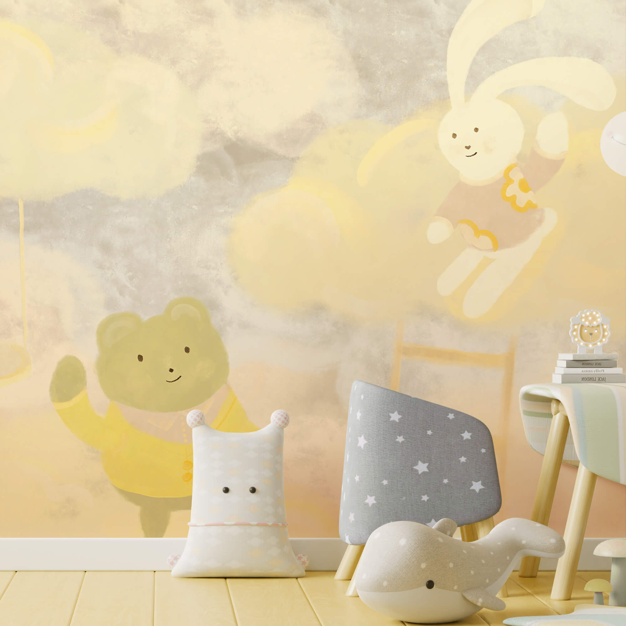 Cartoon Bär und Hase in den Wolken