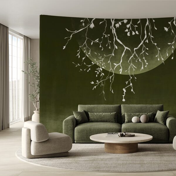 Baumzweige mit Blättern und einem Mond Baumzweige mit Blättern und einem Mond