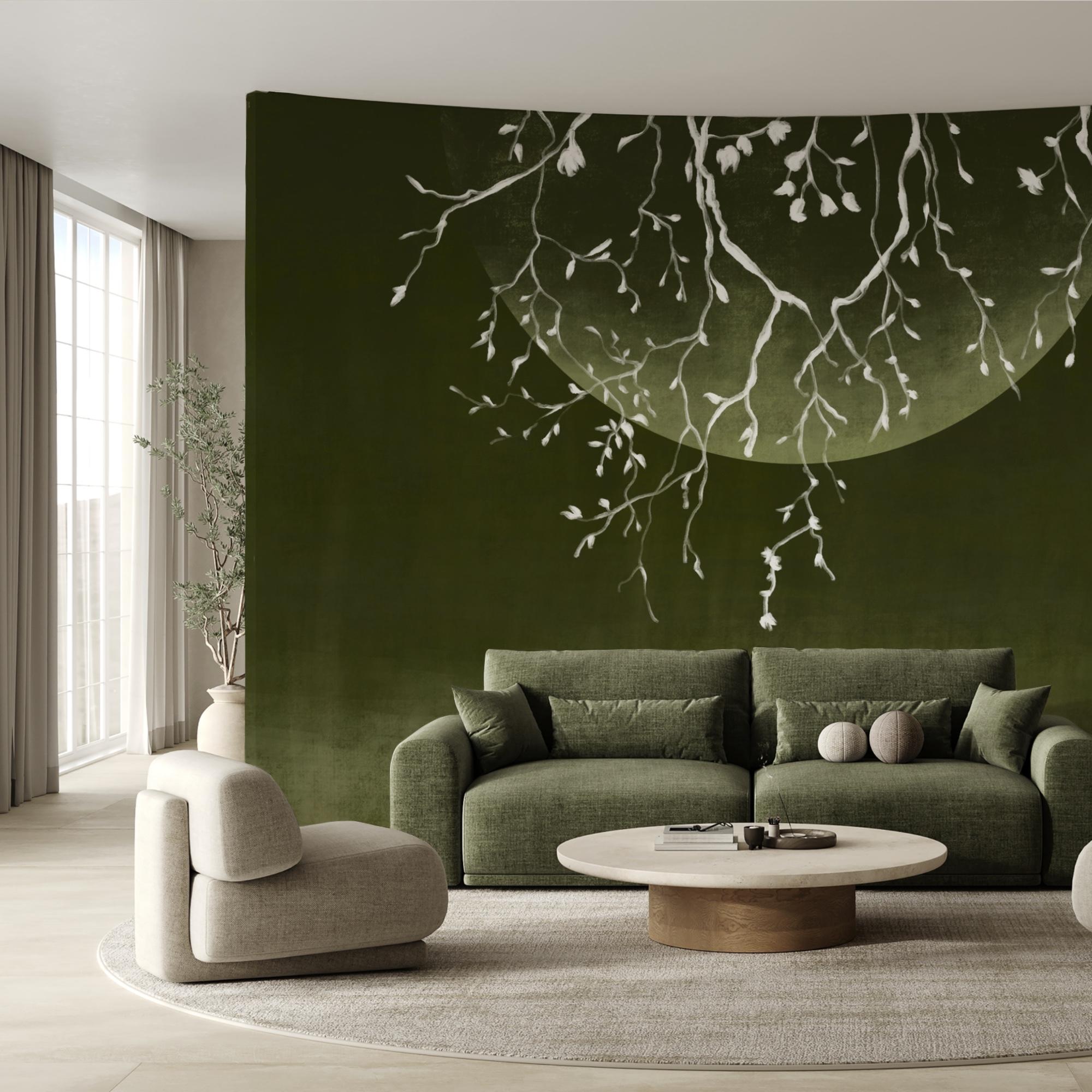 Baumzweige mit Blättern und einem Mond Baumzweige mit Blättern und einem Mond