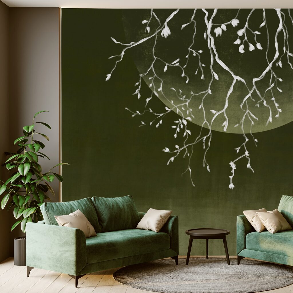 Baumzweige mit Blättern und einem Mond Baumzweige mit Blättern und einem Mond