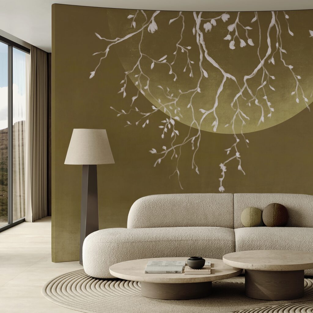 Baumzweige mit Blättern und einem Mond Baumzweige mit Blättern und einem Mond