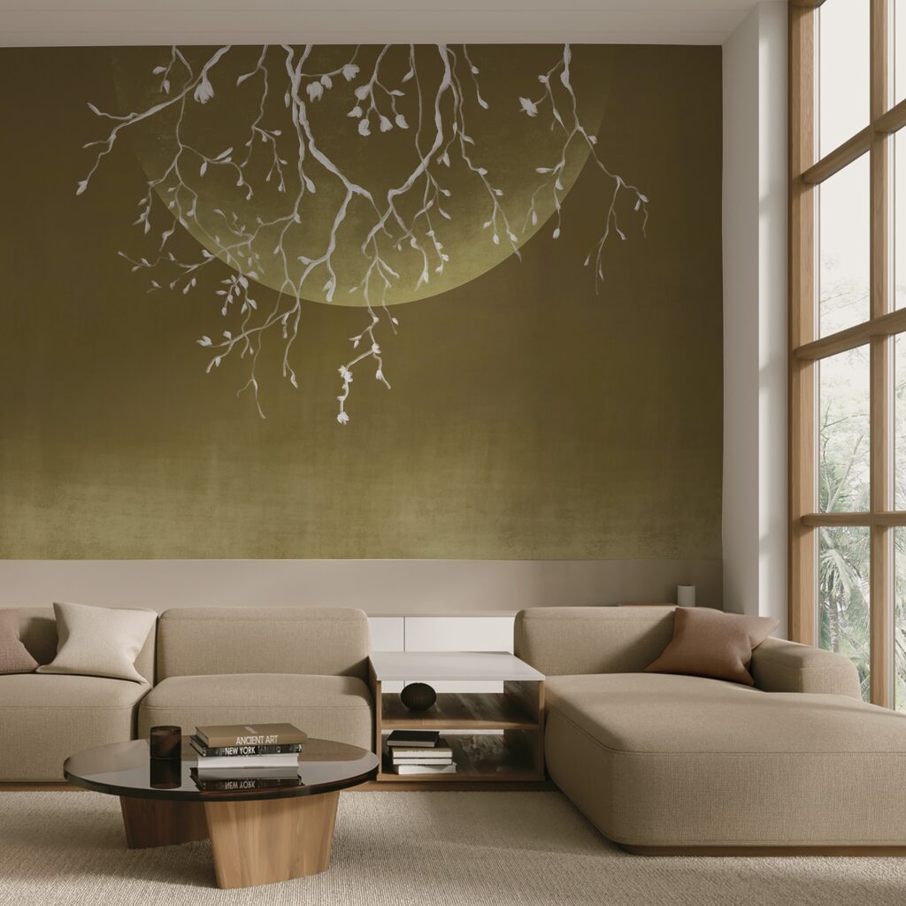 Baumzweige mit Blättern und einem Mond Baumzweige mit Blättern und einem Mond