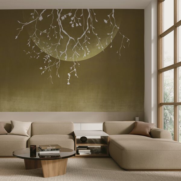 Baumzweige mit Blättern und einem Mond Baumzweige mit Blättern und einem Mond