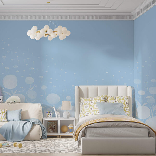 Weiße Blumen mit Blättern und blauem Hintergrund