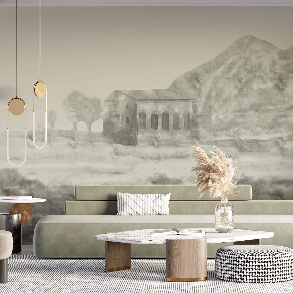 Zeichnung eines Gebäudes und eines Berges