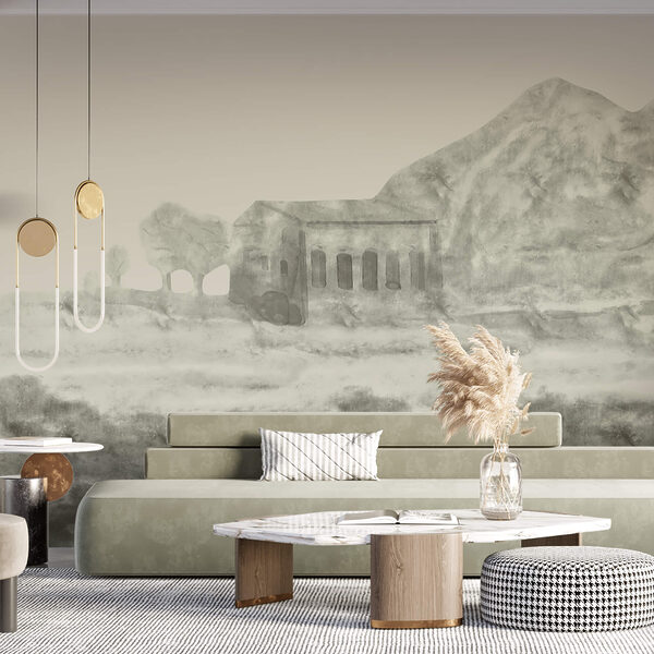 Zeichnung eines Gebäudes und eines Berges