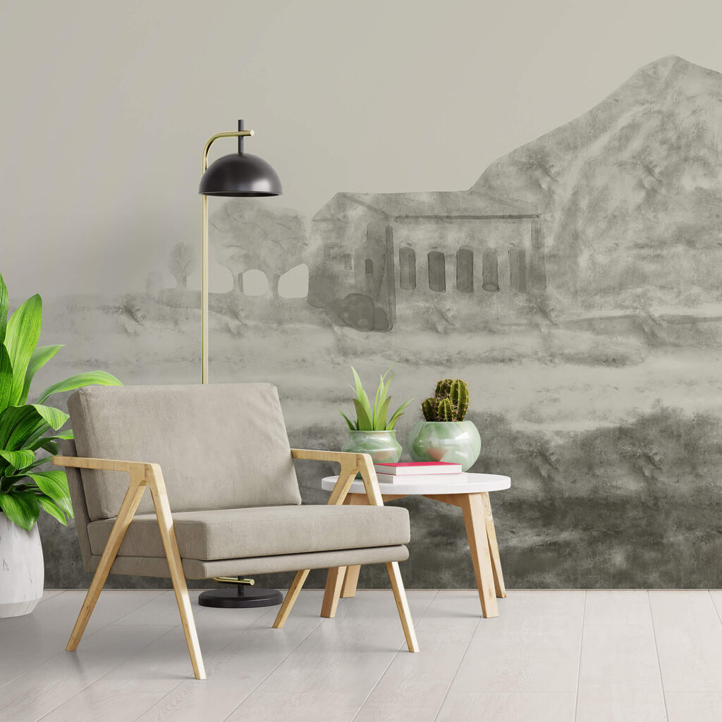 Zeichnung eines Gebäudes und eines Berges