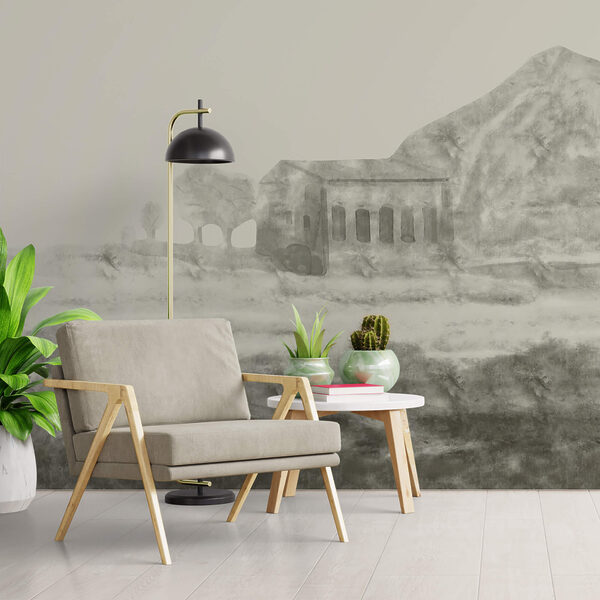 Zeichnung eines Gebäudes und eines Berges